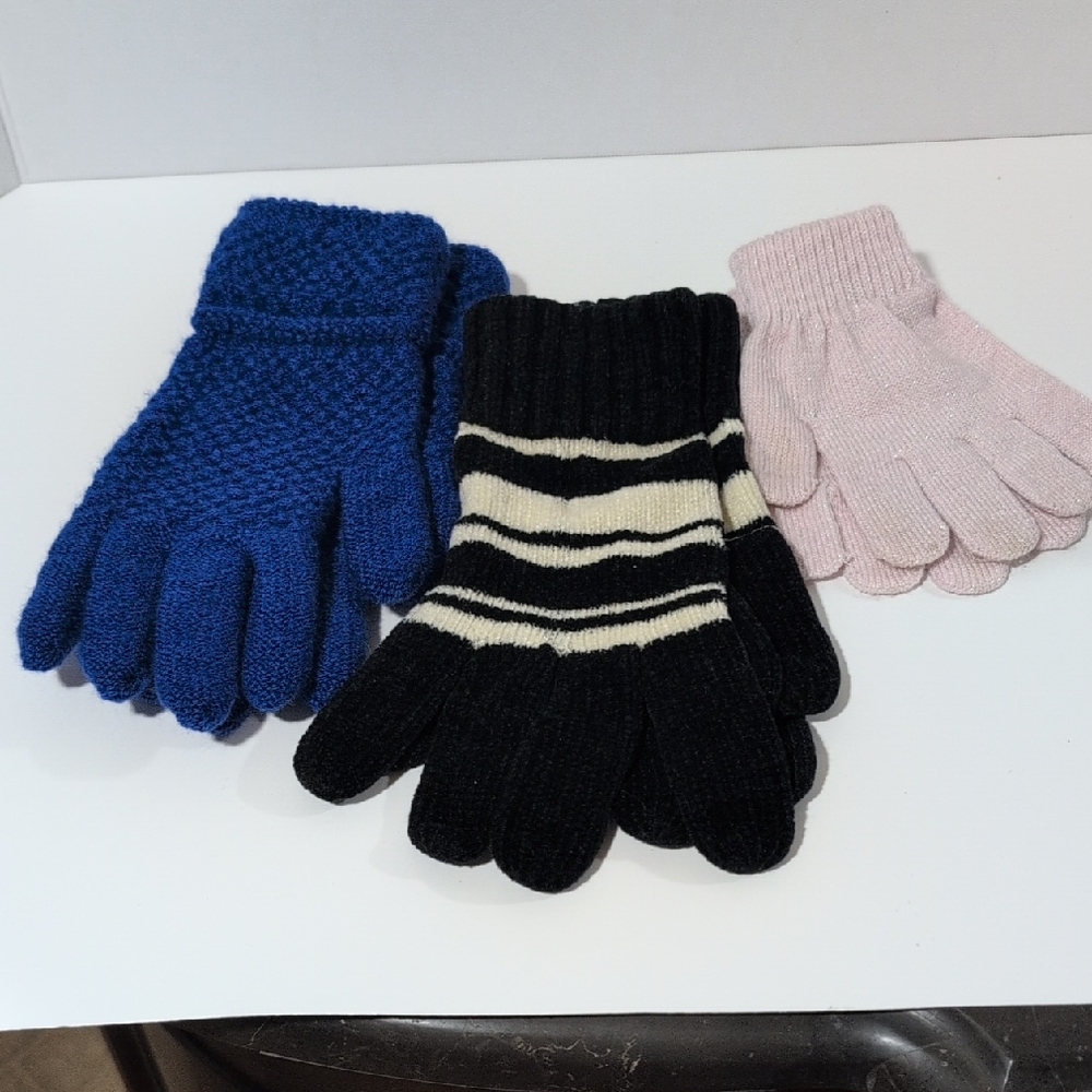 Cozy Knit Gloves Set - Blue, Black, and Pink Is A Child's Size